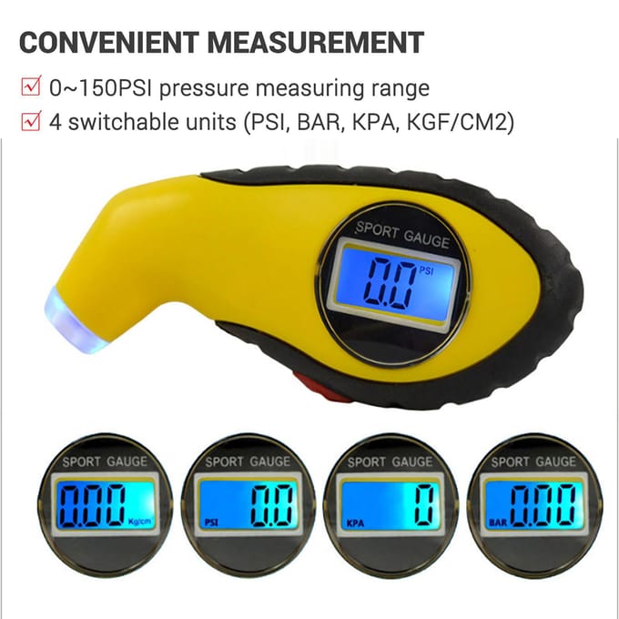 LED digitale bandenspanningsmeter 0~150 PSI 4 eenheden schakelbare hoge precisie voertuigbandenspanningsmeter yellow