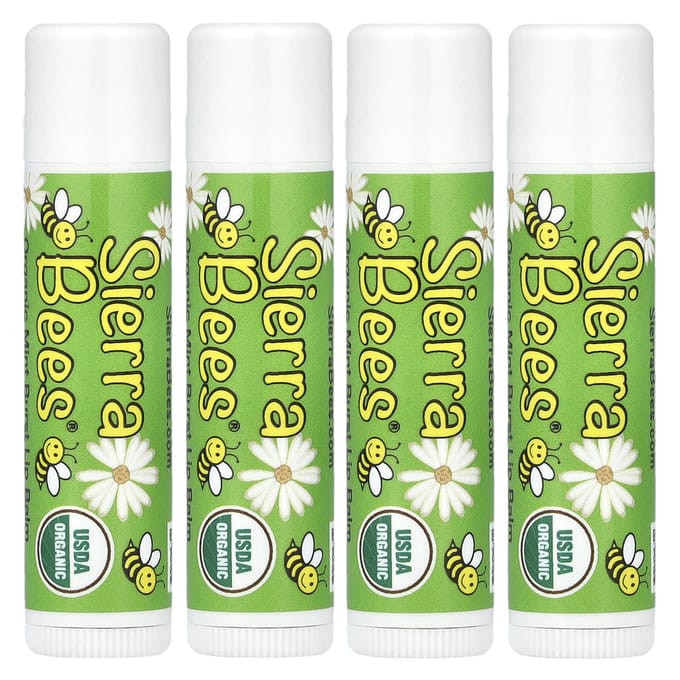 Sierra Bees, Baume à lèvres bio, Mint Burst, 4 paquets, 0,15 oz (4,25 g) chaque yellow
