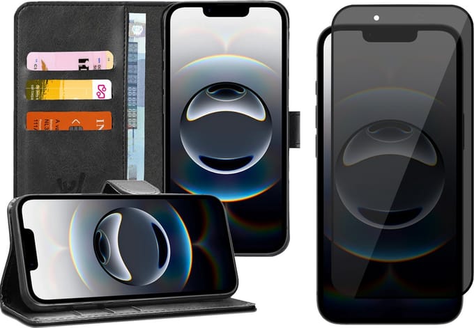 Hoesje geschikt voor iPhone 16e - Privacy Screenprotector Volledig Dekkend Glas - Portemonnee Book Case Zwart