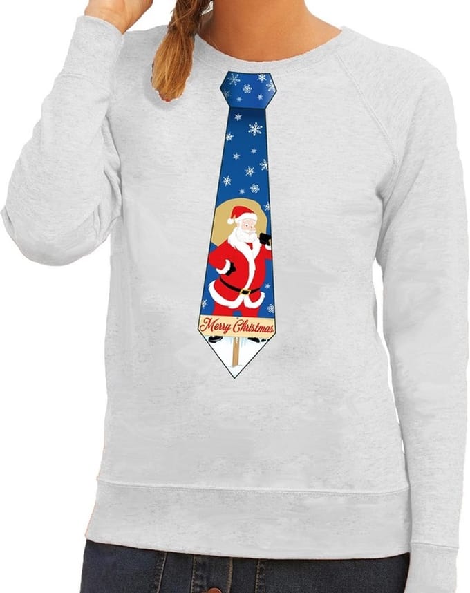 Foute kersttrui / sweater stropdas met kerstman print grijs voor dames M