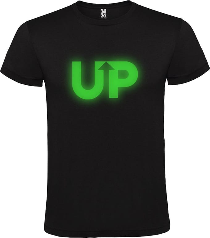 Zwart T-shirt ‘UP’ Groen (Glow in the Dark) Maat L