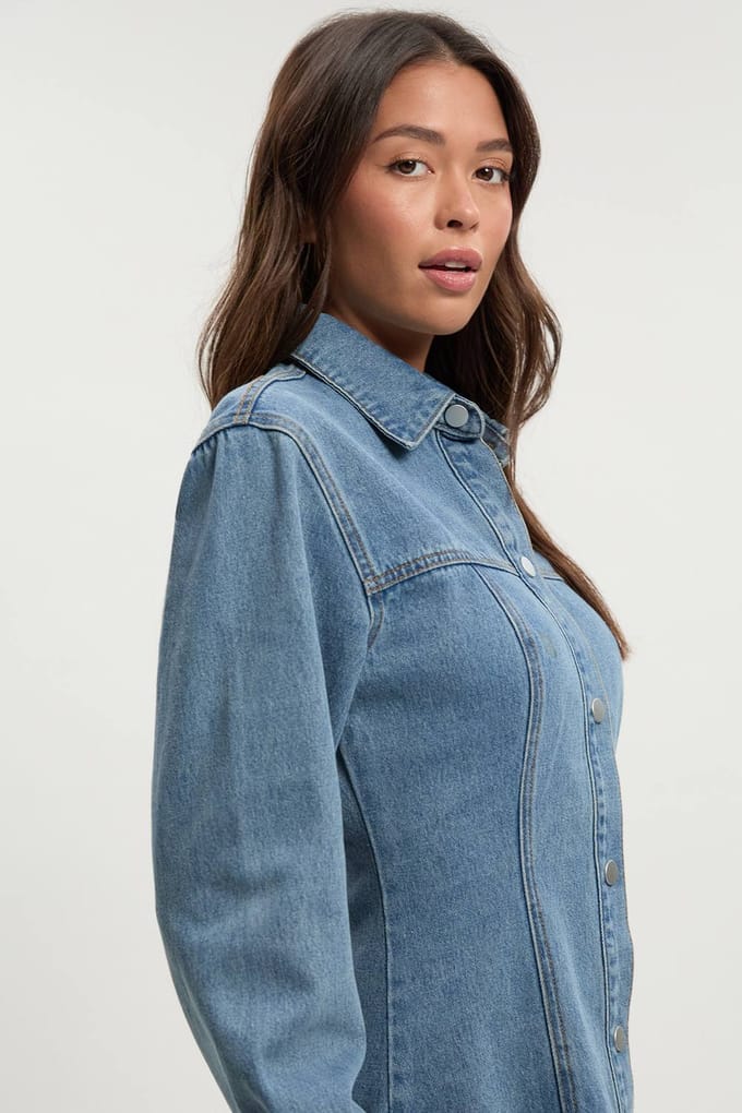 boohoo Dames Long Sleeve Cinched Waist Denim Dress | Medium Blauw | Maat: 42