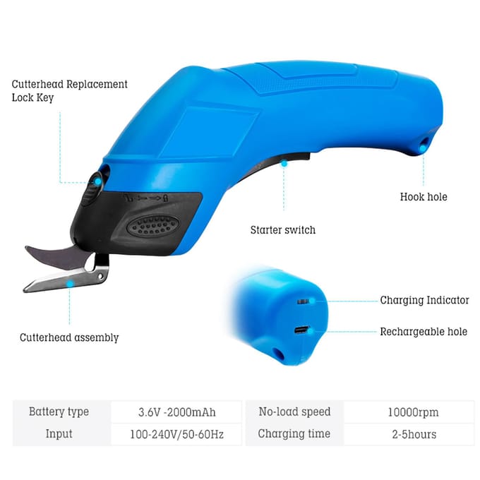Ciseaux électriques sans fil Ciseaux de coupe Ciseaux de couture Coupe-tissu rechargeable USB Couture bleu