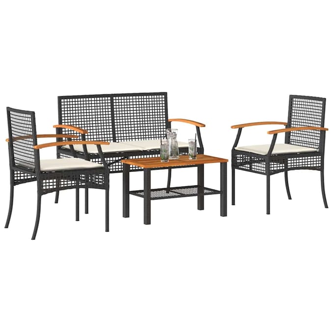 vidaXL - 4-delige - Loungeset - met - kussens - poly - rattan - zwart