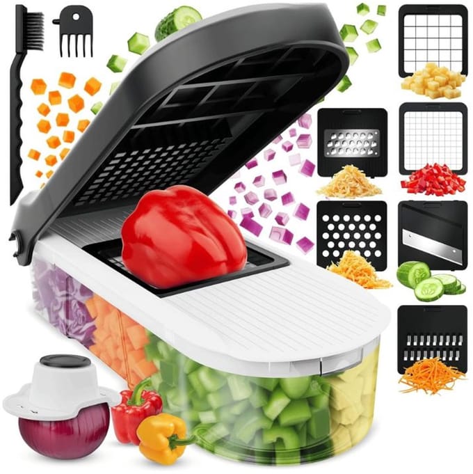 Famanu - Groentehakselaar 6-in-1 wit – compacte mandoline snijmachine met dicer voor salade, ui en groenten
