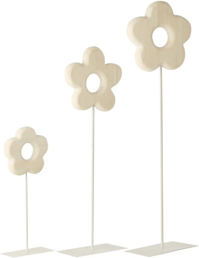 J-Line decoratie Bloem Op Voet - hout - wit- set van 3