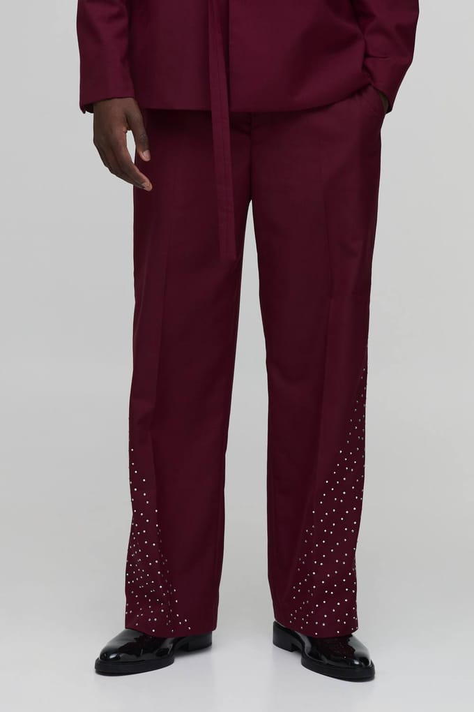 Embellished Belted Wide Leg Suit Trousers | Red | Size 42