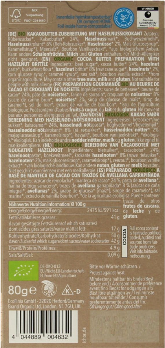 Ichoc White nougat crisp vegan bio 80 Gram