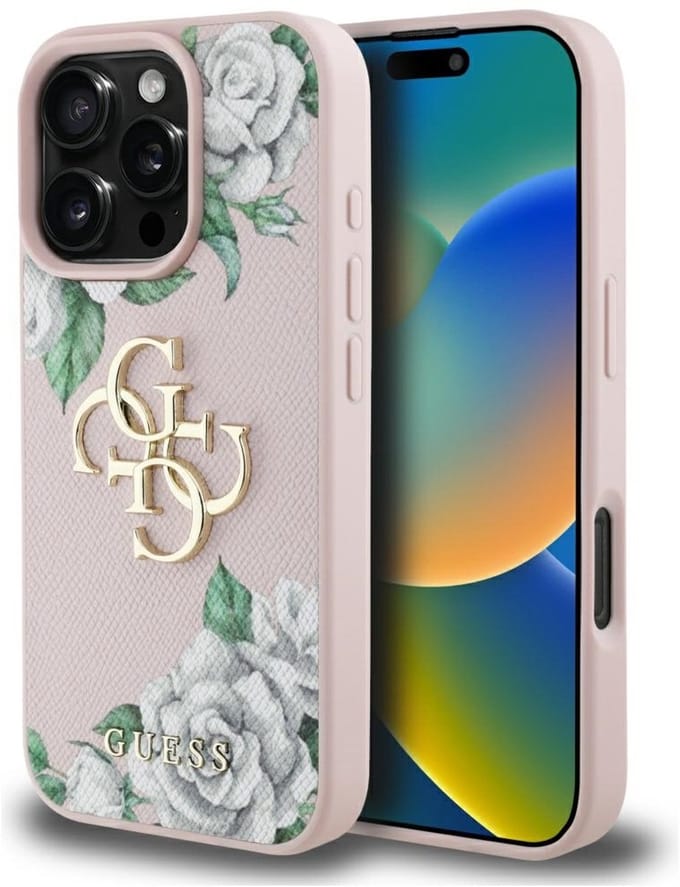 Guess Grained Roses Big 4G - iPhone 16 Pro - Roze Koffer - Luxe Bescherming