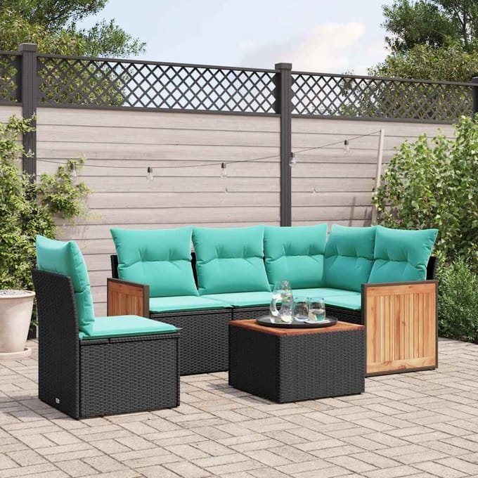 vidaXL - 6-delige - tuinbankset - met - kussens - van - zwart - polyrotan