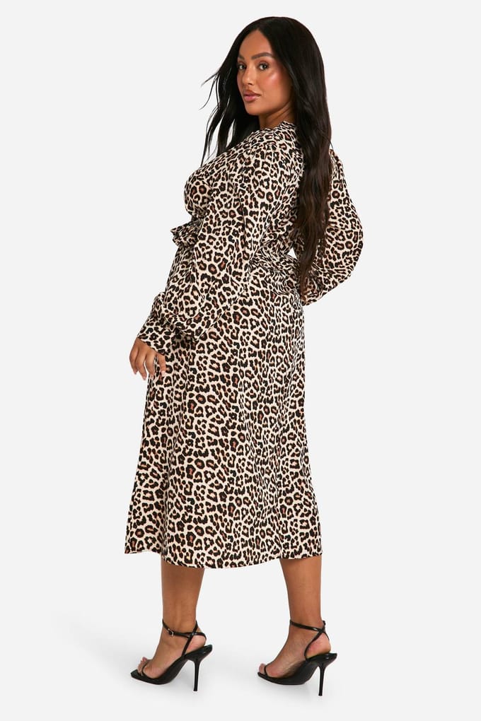 boohoo Dames Plus Geweven Luipaard Wrap Midi Jurk | Leopard | Maat: 28