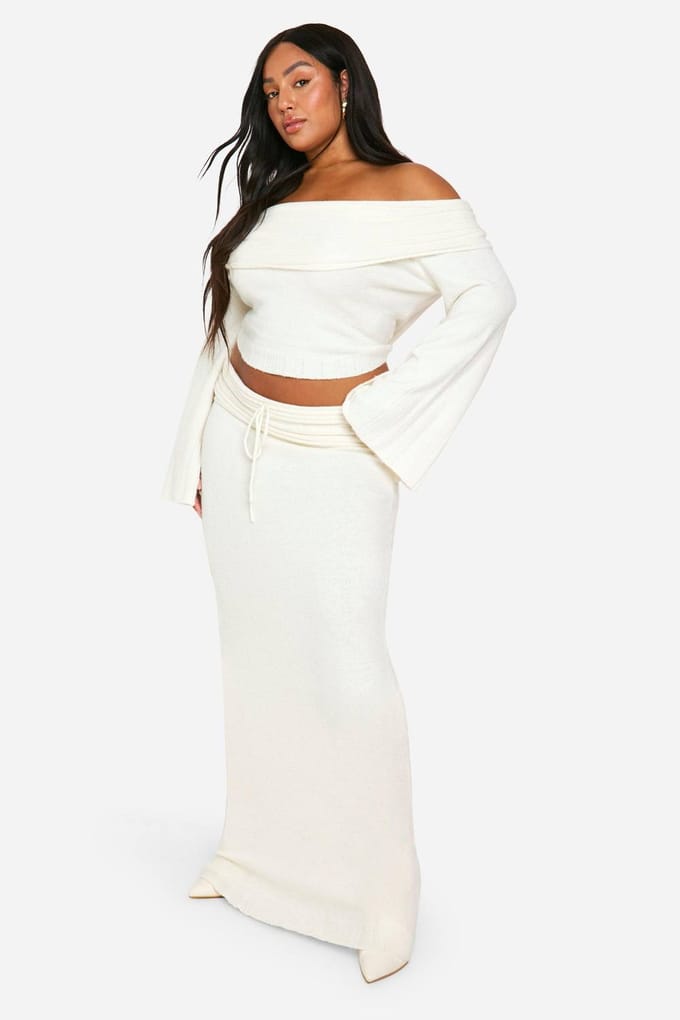 boohoo Dames Plus Rib Edge Vetersluiting Gebreide Maxi Rok | Creme | Maat: 44-46