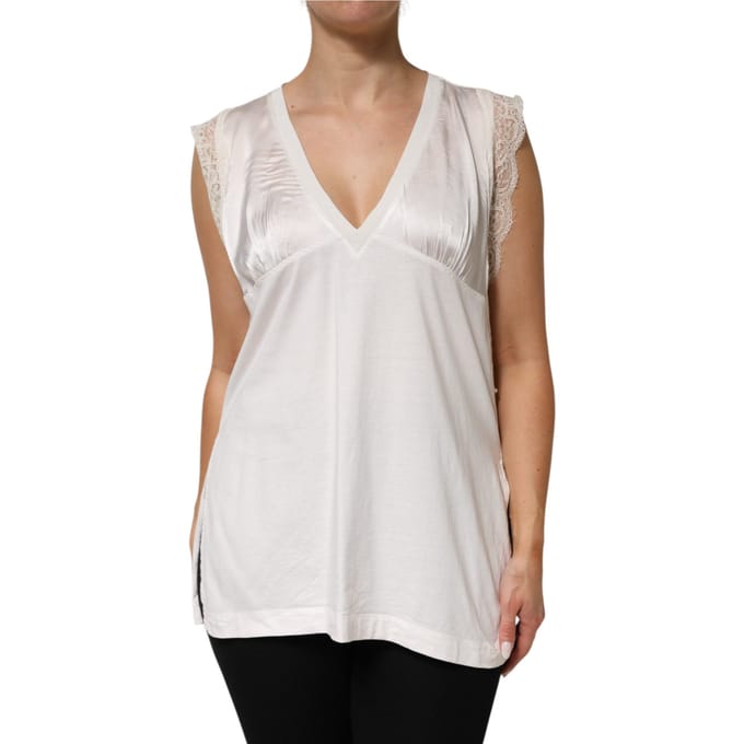 PINKO Witte Zijde Mix Kant Afwerking Mouwloze V-Hals Dames Top