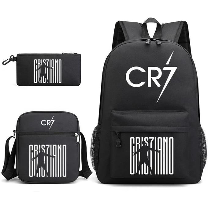 Cartable grande capacité avec bandoulière; set de trousse à crayons trois pièces pour étudiant Cristiano ronaldo backpack noir