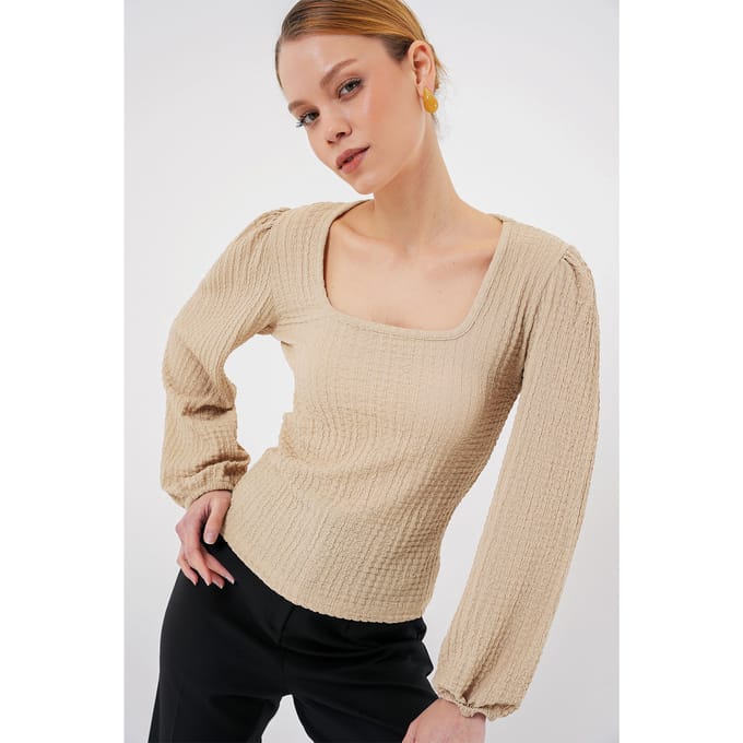 Textuur Vierkante Kraag Lange Mouw Blouse