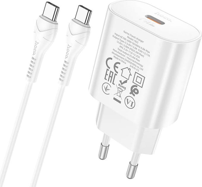 Hoco USB-C Snellader 25W Power Delivery + USB-C Kabel 1M Wit
