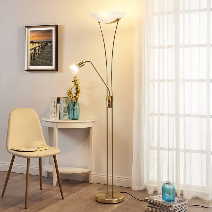 Lindby - vloerlamp - 3lichts - Metaal, glas - H: 180 cm - E27 - messing, wit albast