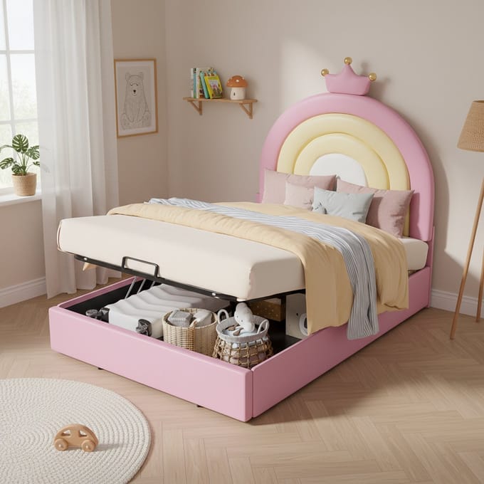 Gestoffeerd Bed - 90x200 cm - Hydraulisch met Lattenbodem - Verstelbaar Hoofdbord - PU - Roze