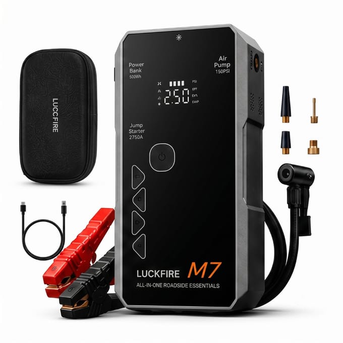 Luckfire M7 Jumpstarter Auto met Compressor - 2750A 12V Starthulp - TÜV Gecertificeerd - 150 PSI Bandenpomp - Powerbank - Startbooster