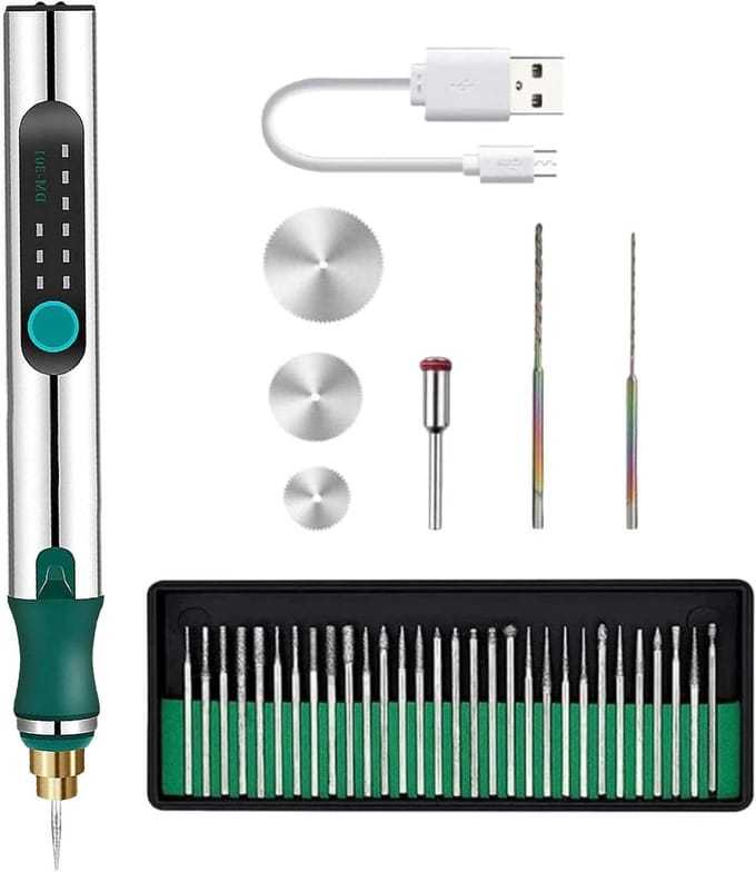 Graveerpen Kit - Etser Tool - Hobby Creaties - Draadloos USB Opladen - 124x16 mm - Zilver Groen