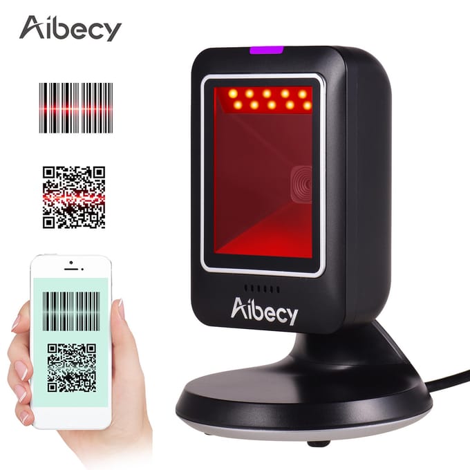 Aibecy 1D 2D QR Barcodescanner USB Lezer Bureau Hand-Free Voor Supermarkt zwart