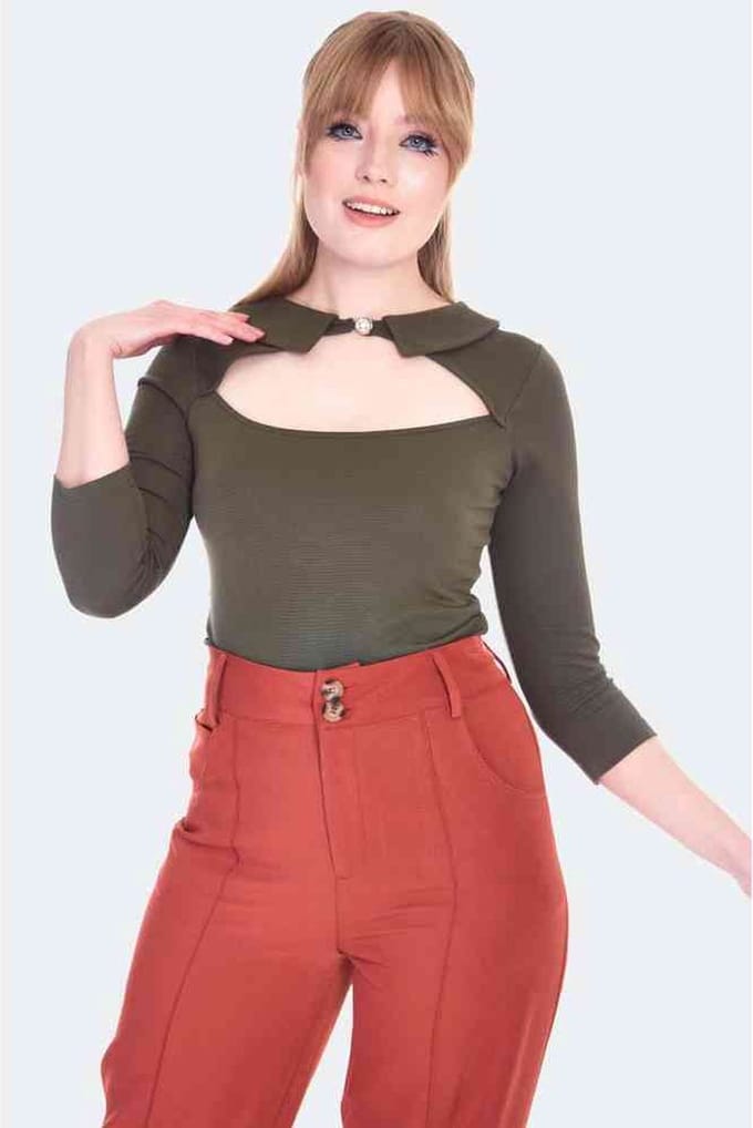Voodoo Vixen - 60s Style Cut Out Collared Top - M - Groen