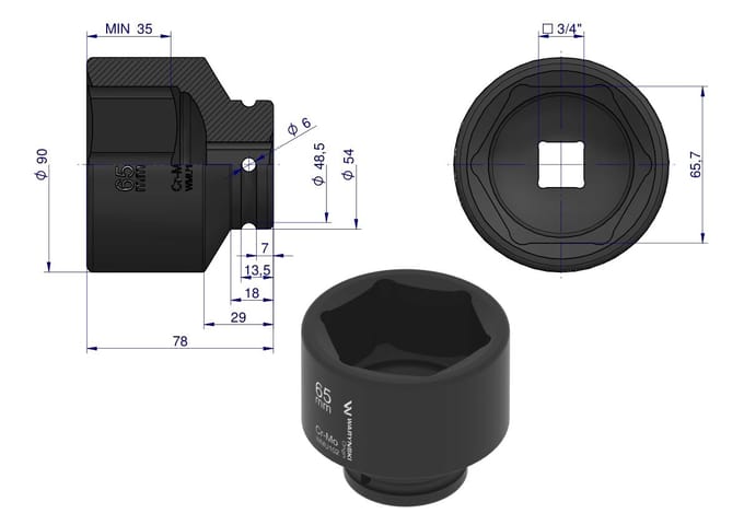 Slagdoppenset 3/4" 65mm CrMo DIN 3129