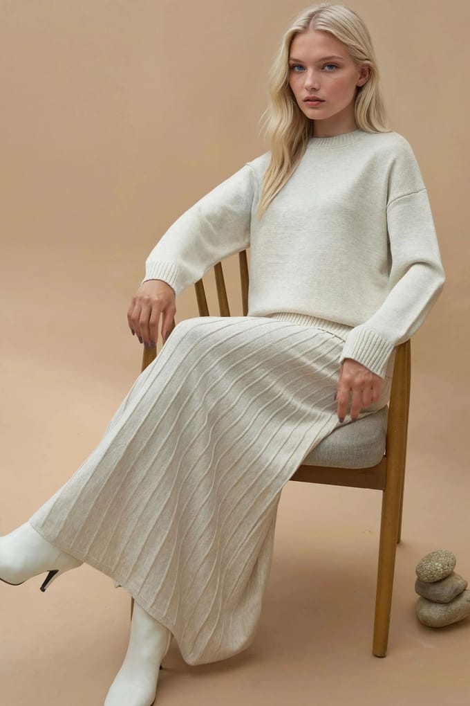 Textuur Trui & Uitlopende Rok Gebreid Co-Ord Set