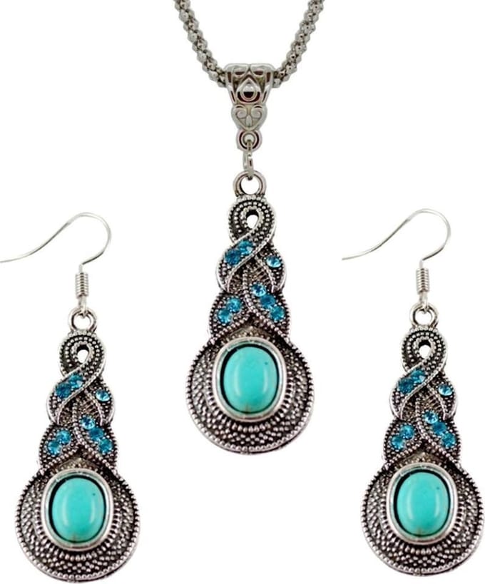 Fako Bijoux® - Sieradenset - Tibetaanse Stijl - Zilverkleurig - Pendule - Turquoise