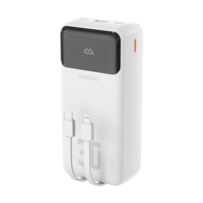 Batterie Externe 30000mAh USB-A USB-C K15Max PD 22.5W Avec Câbles USB-C iPhone Lightning - Blanc