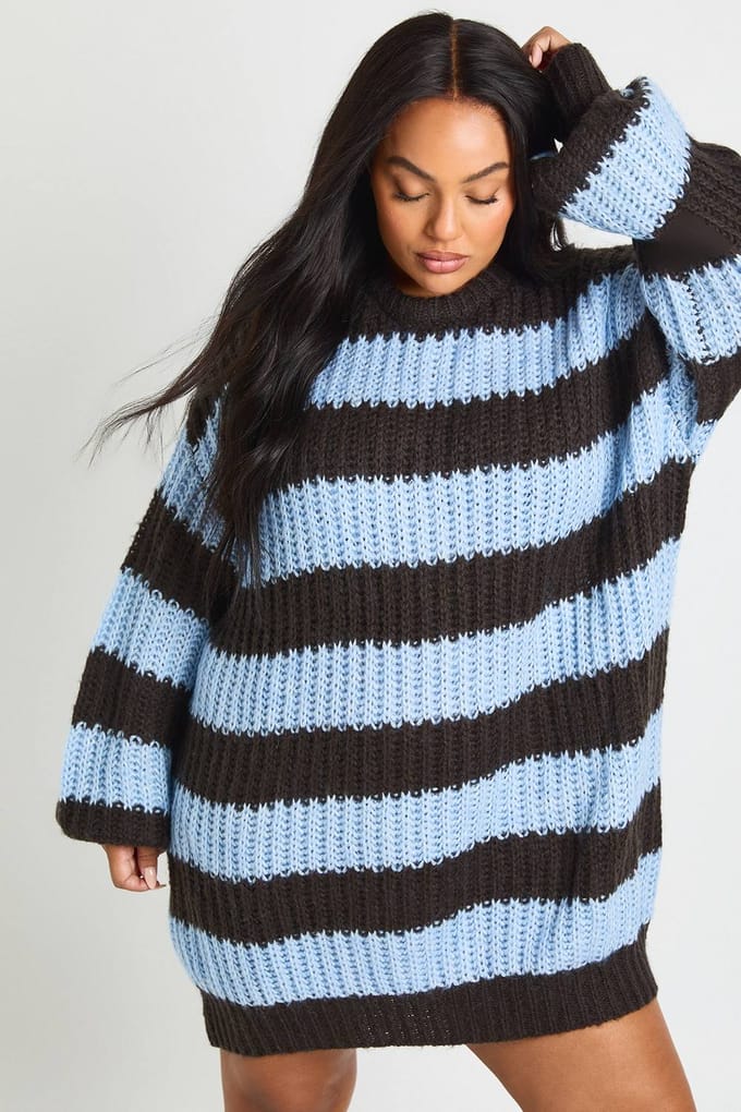 boohoo Dames Plus chunky gebreide oversized trui met ronde hals | Blauw | Maat: Small