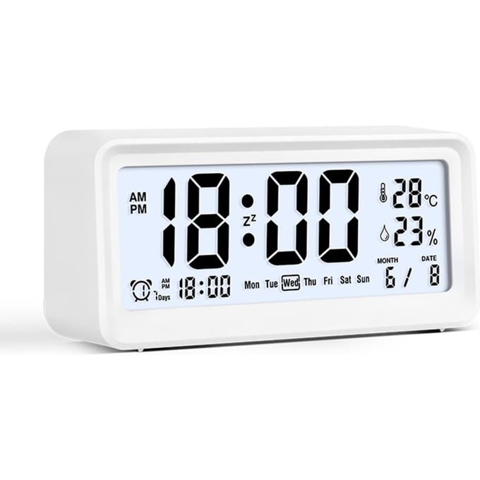 Digitale Wekker Groot LCD-Scherm Week Temperatuur Luchtvochtigheid Datum Weergave Achtergrondverlichting Ontwerp wit