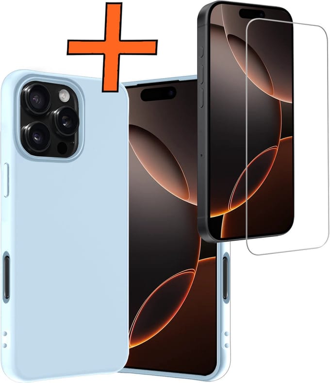 Hoes - Met Screenprotector - Geschikt voor Apple iPhone 16 Pro Max - Sterk & Shockproof - Back Cover - Siliconen Case - Telefoon Hoes - Lichtblauw