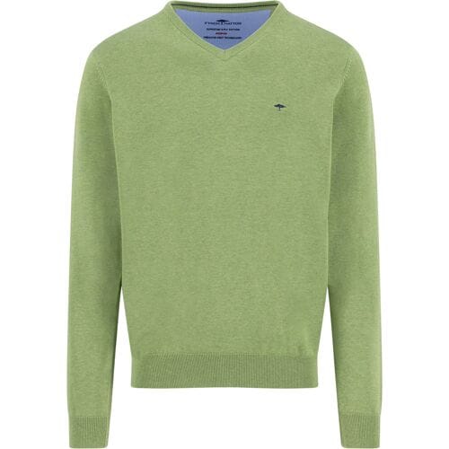 Fynch-Hatton Trui Solid Color Superfine 3-Ply Cotton V-Neck Avocado / male