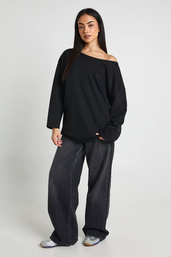 boohoo Dames Lang Interlock Off-shoulder Sweatshirt | Black | Maat: Small
