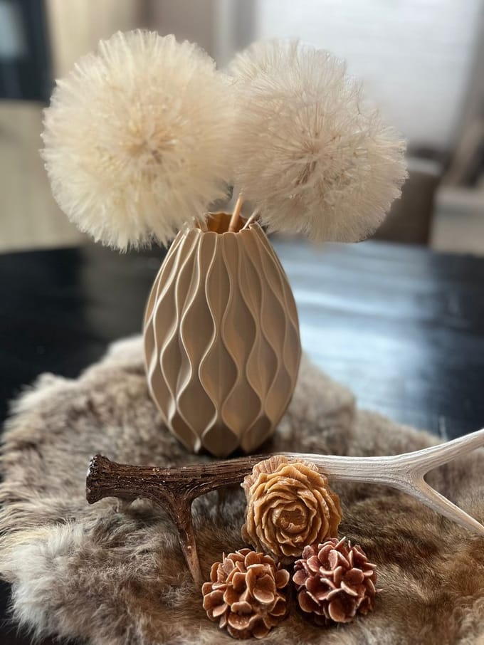 3D geprinte vaas - beige 25 cm - golvend patroon