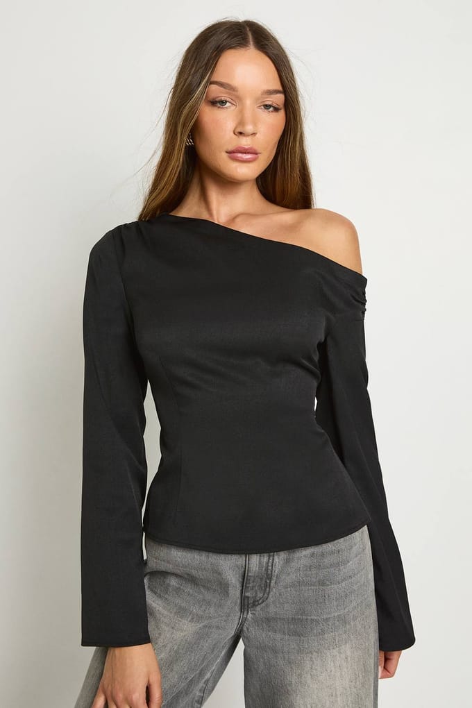 boohoo Dames Asymmetrische geplooide schouder longline top | Black | Maat: 6