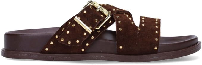 Manfield - Dames - Bruine suède slippers met studs - Maat 36
