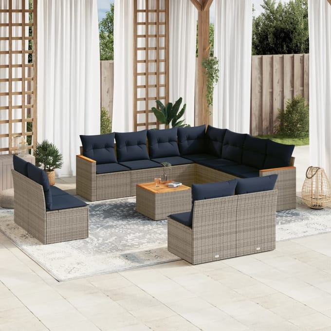 vidaXL - 12-delige - tuinbankset - met - kussens, - grijs - polyrotan