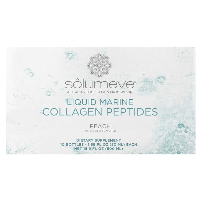 Solumeve Beauté Sans Âge Collagène Marin Liquide, CoQ10, Pêche, 10 Bouteilles