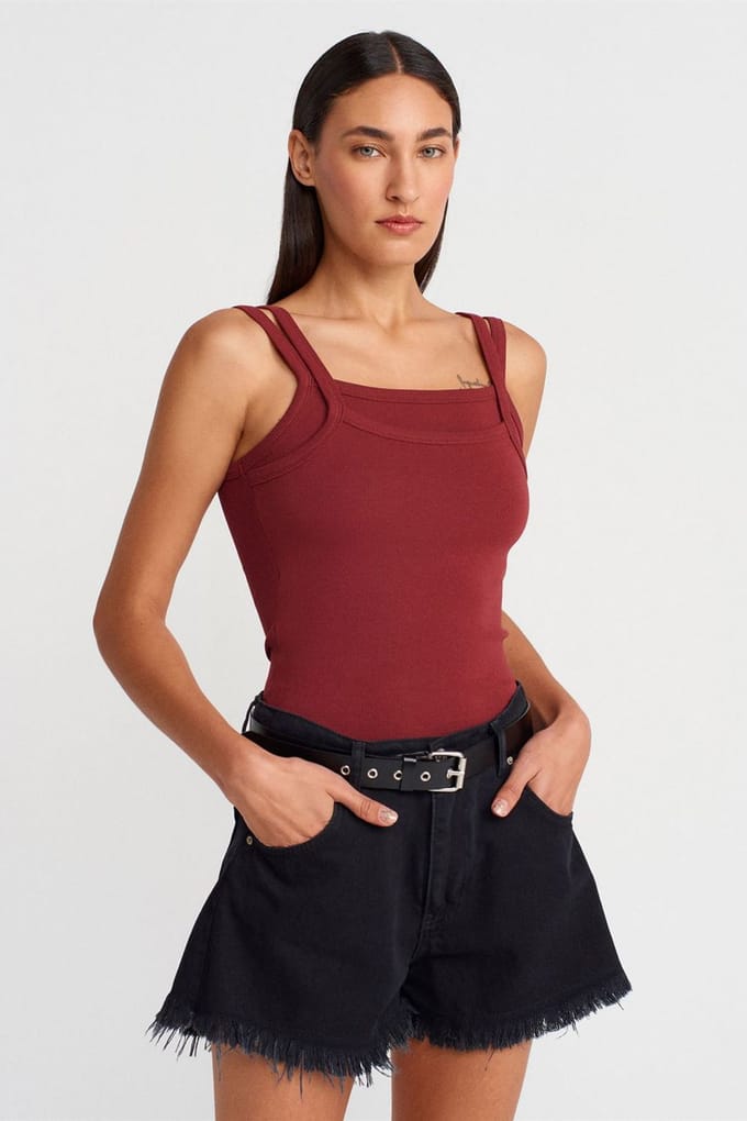 Geribbelde Mouwloze Blouse met Vierkante Halslijn