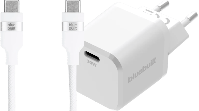 BlueBuilt Power Delivery Oplader 30W + Usb C Kabel 1,5m Nylon Wit