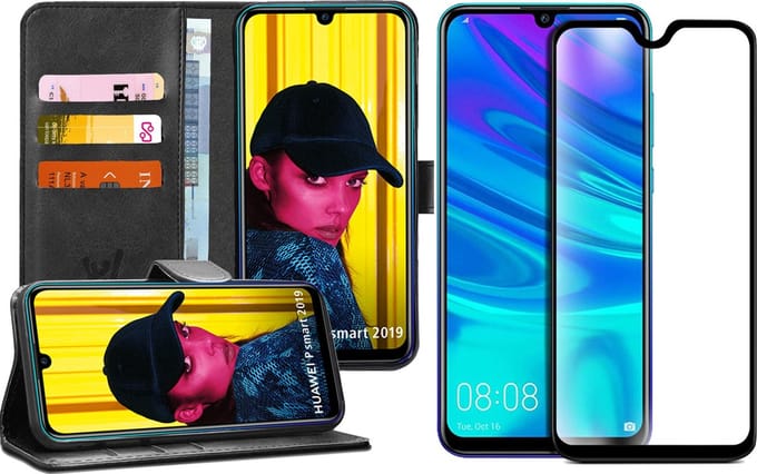 Hoesje geschikt voor Huawei P Smart 2019 - Book Case Kunstleer Wallet Zwart + Screenprotector Glas Full Screen Protector