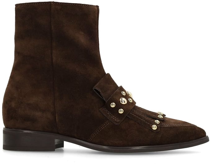 Manfield - Dames - Donkerbruine suède enkellaarsjes met studs - Maat 37