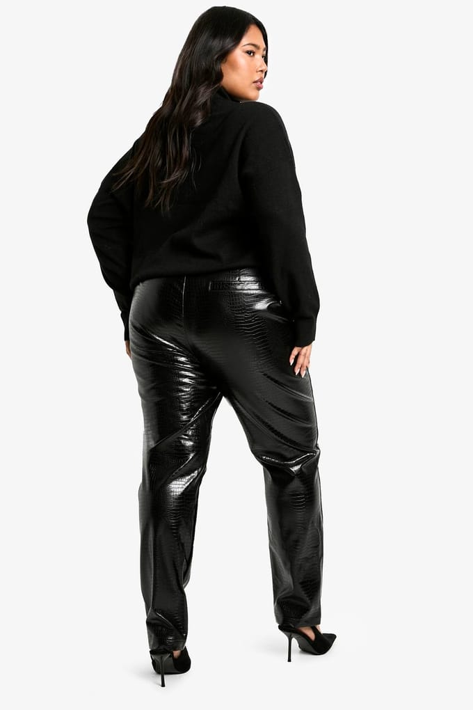 boohoo Dames Plus Slim Fit Kroko PU Broek | Black | Maat: 26