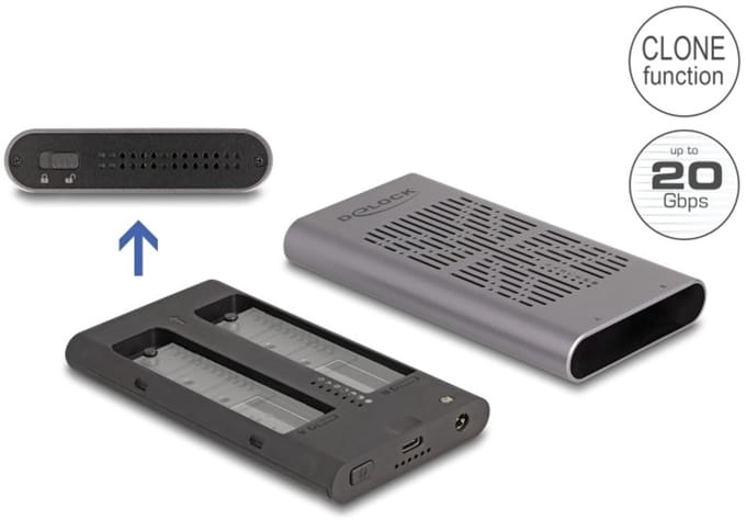 Delock External USB 20 Gbps Enclosure for 2 x M.2 NVMe PCIe SSD with USB Type-C™ female and Clone function