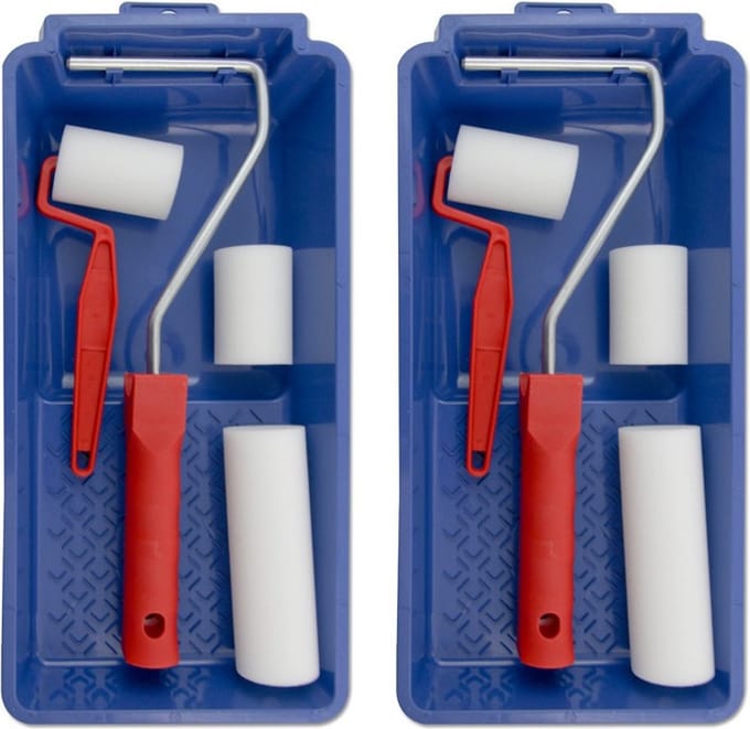 Lakroller schilderset - 2x - 5 en 10 cm - extra fijn - met verfbak en beugel - schuimrollers - verfset