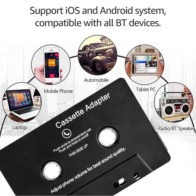 BT-cassetteadapter voor auto met stereo-audio Draadloze cassetteband naar Aux-adapter Smartphone zwart