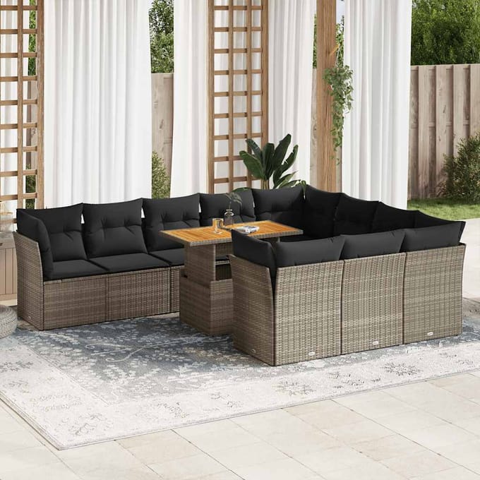 vidaXL - 11-delige - Loungeset - met - kussens - poly - rattan - grijs