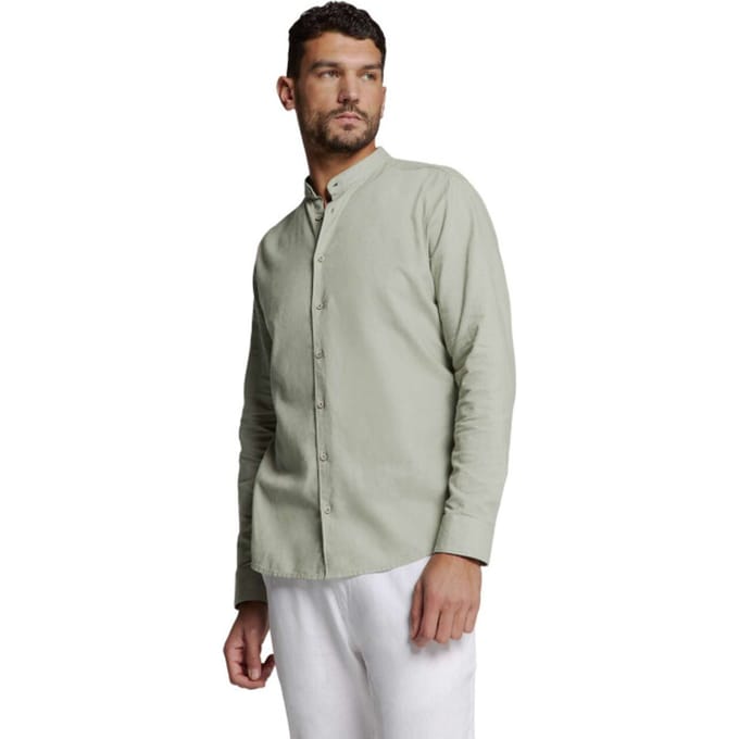 No Excess Shirt Granddad Solid With Linen Light Army Maat: XL | Casual Overhemden Outlet | Heren | Groen